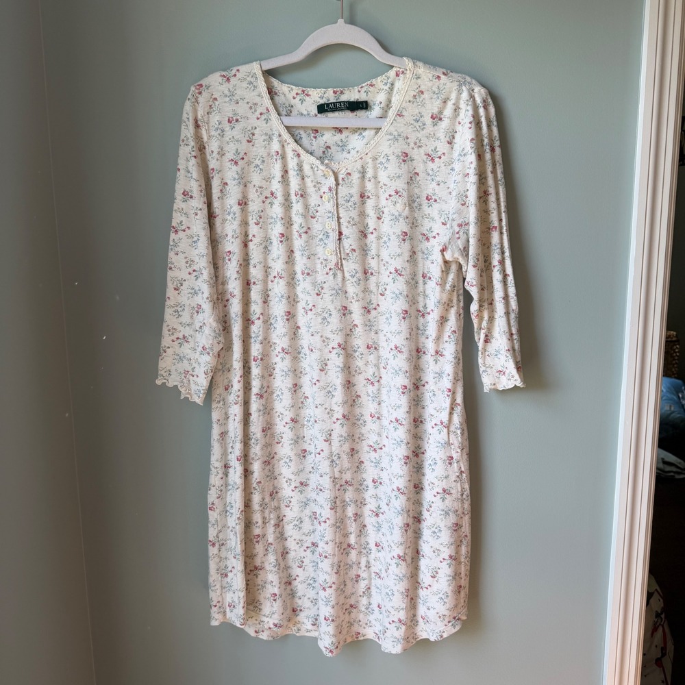 Lauren Ralph Lauren Floral Henley Nightgown Pajamas 100% Cotton Cream Pink Large